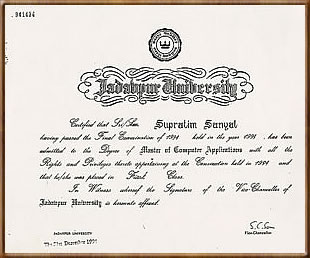 Supratim Sanyal MCA Certificate